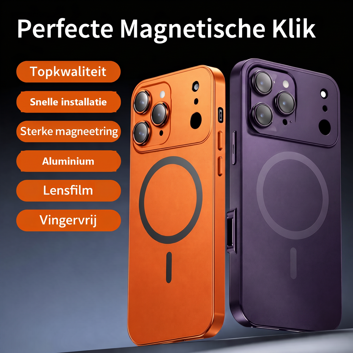 MagGrip telefoonhoes aluminium oranje en paars - Perfecte Magnetische Klik