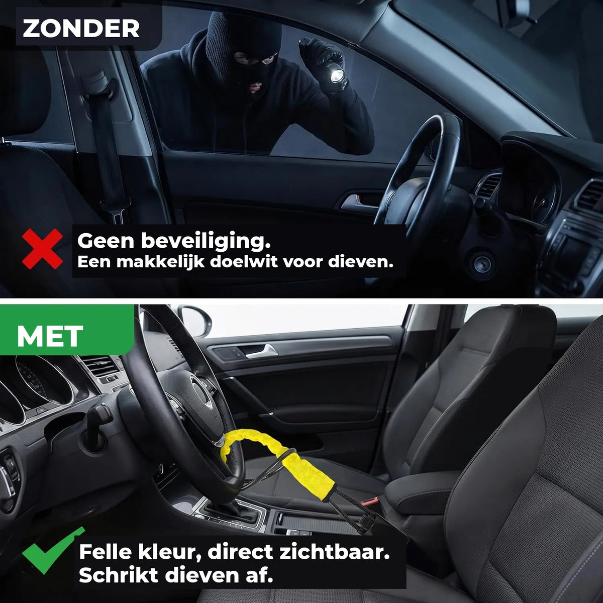Zonder stuurslot een makkelijk doelwit, met stuurslot direct zichtbaar afschrikmiddel