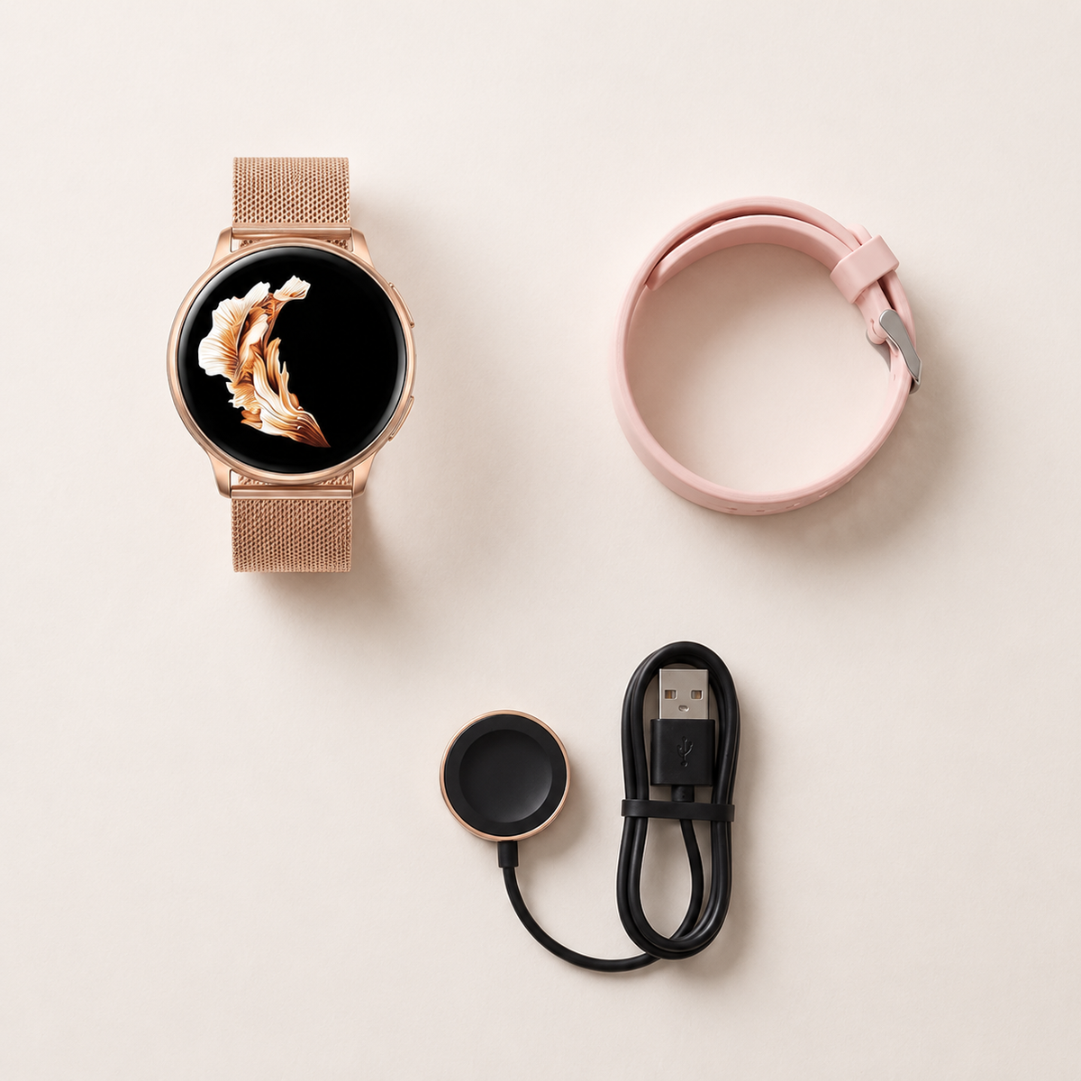 Wat je krijgt: watch met mesh band, extra siliconen bandje en magnetische oplaadkabel