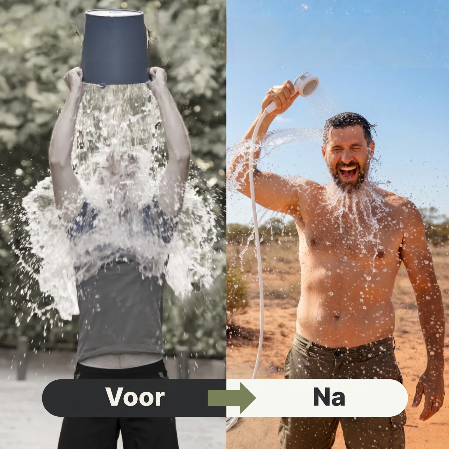 AquaGo draagbare douche – voor en na vergelijking