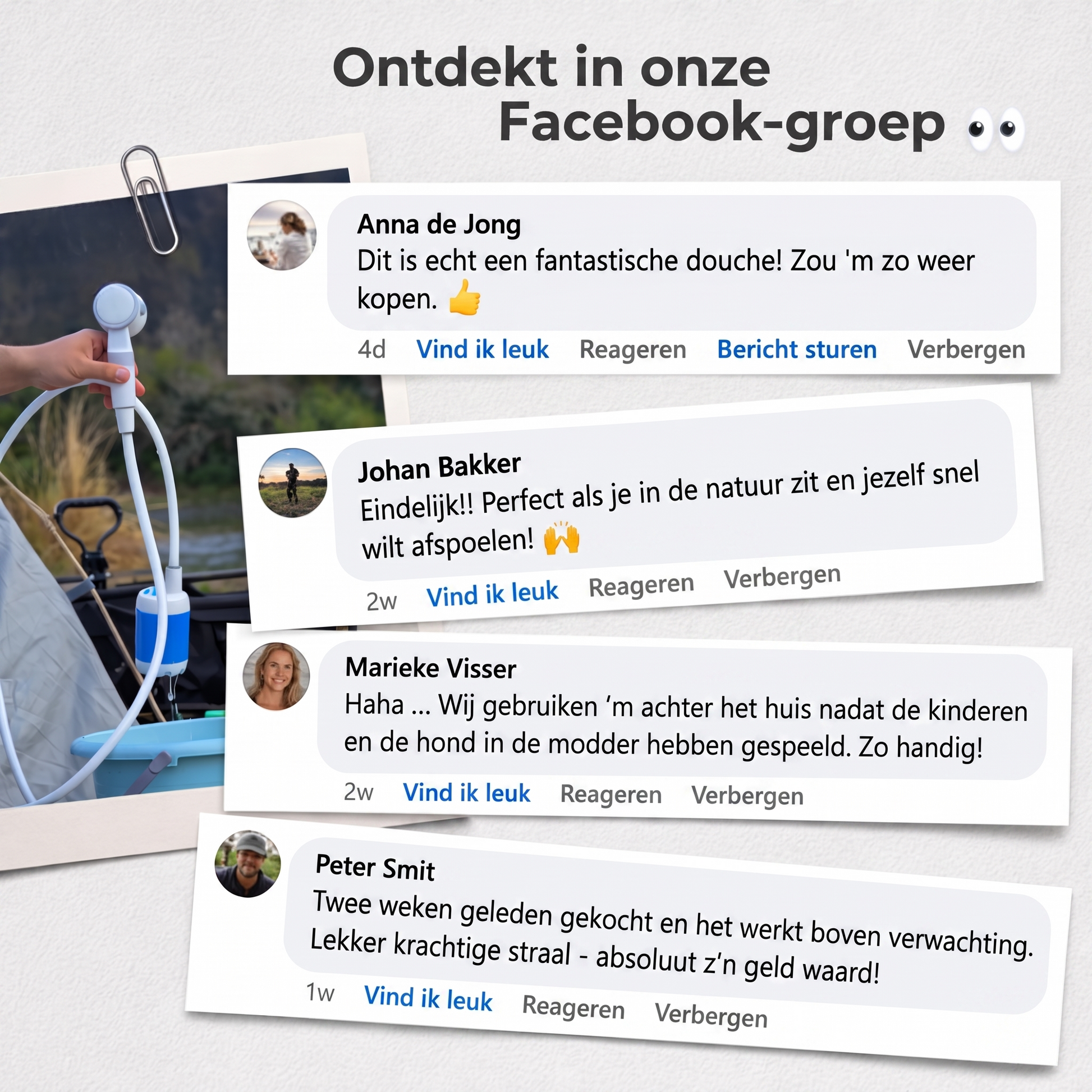 AquaGo draagbare douche – klantreacties uit onze Facebook-groep