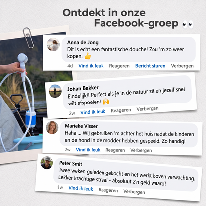 AquaGo draagbare douche – klantreacties uit onze Facebook-groep