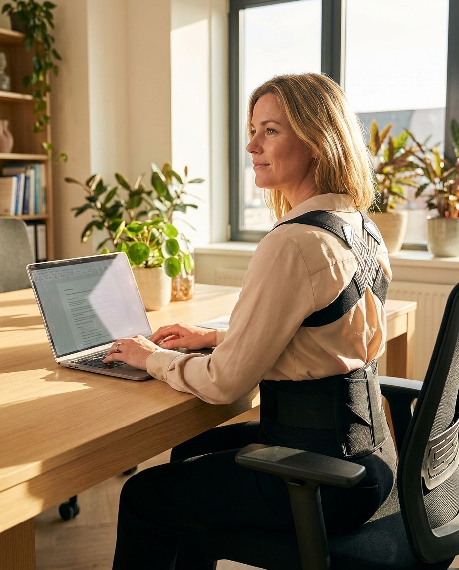 Vrouw draagt StandTall aan bureau