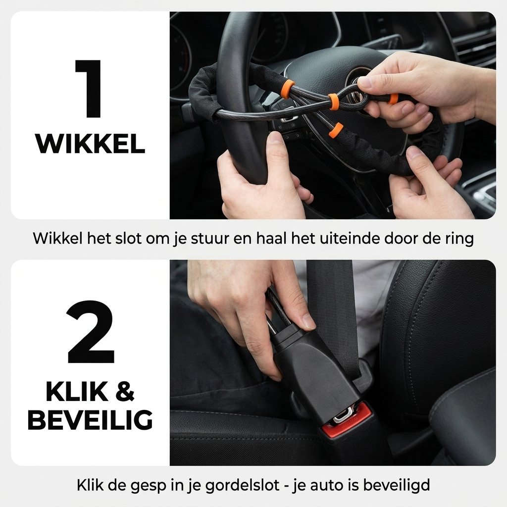 In 2 stappen gebruiken - wikkel om je stuur en klik in je gordelslot