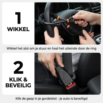 In 2 stappen gebruiken - wikkel om je stuur en klik in je gordelslot