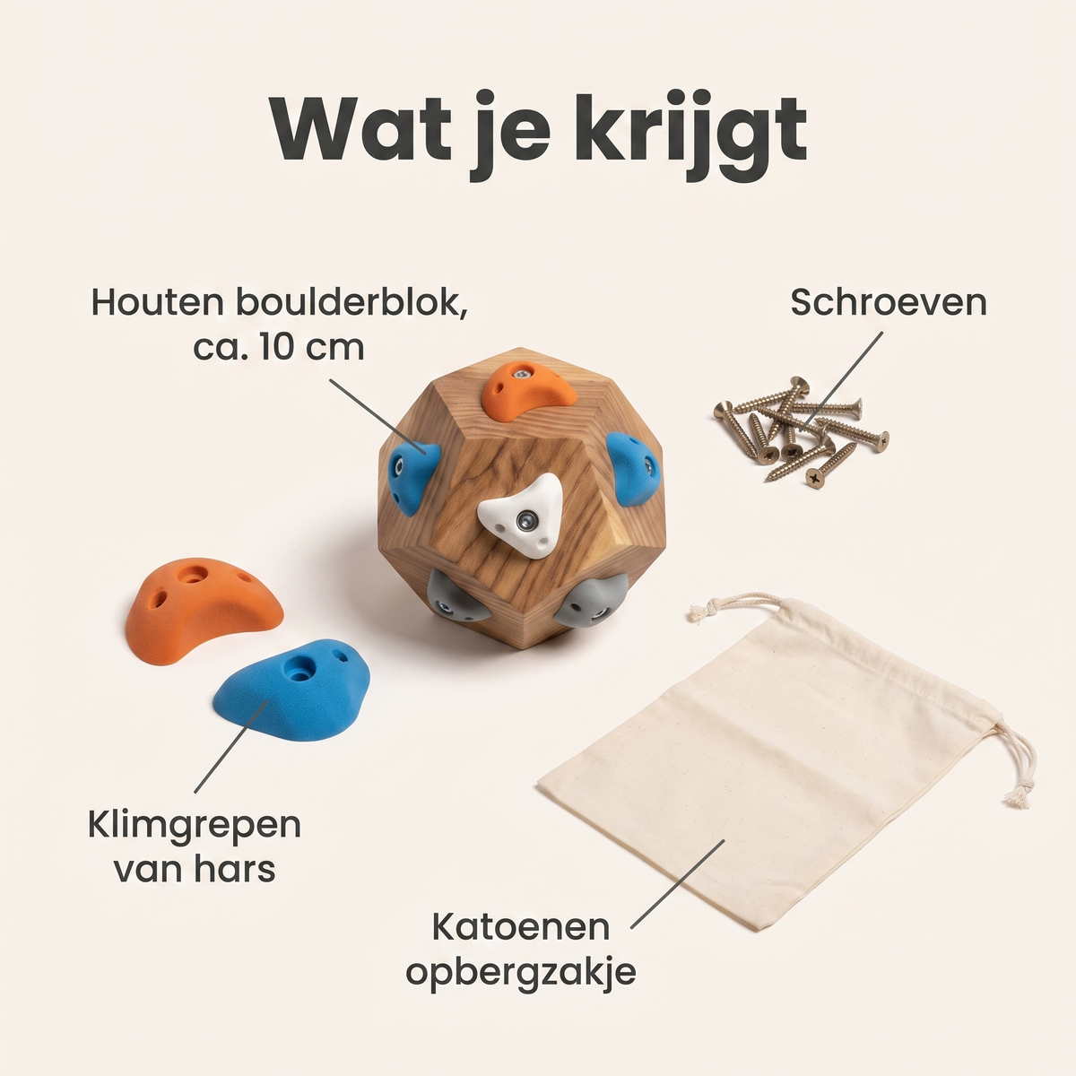 Wat je krijgt: houten Klimblocker van ca. 10 cm, klimgrepen van hars, schroeven en een katoenen opbergzakje
