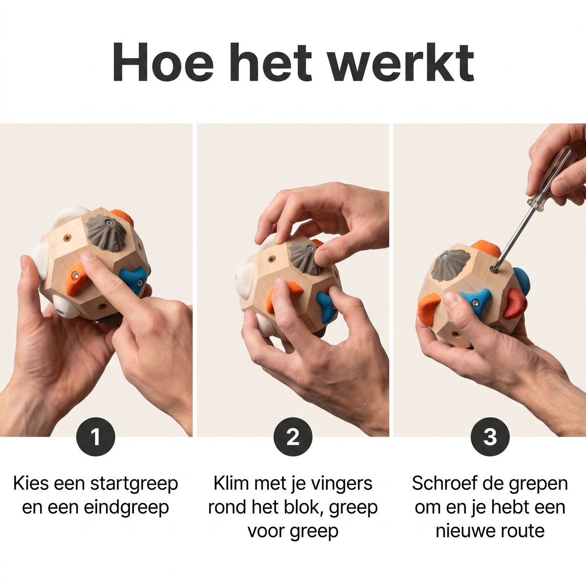 Hoe het werkt in drie stappen: startgreep en eindgreep kiezen, met je vingers greep voor greep rond het blok klimmen, en de grepen omschroeven voor een nieuwe route