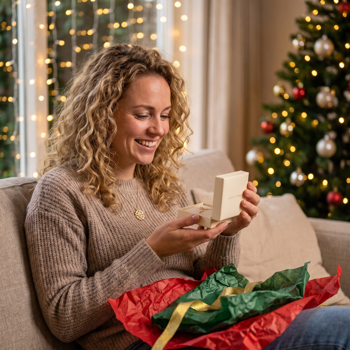 Blije vrouw pakt klavertje vier ketting uit met Kerst