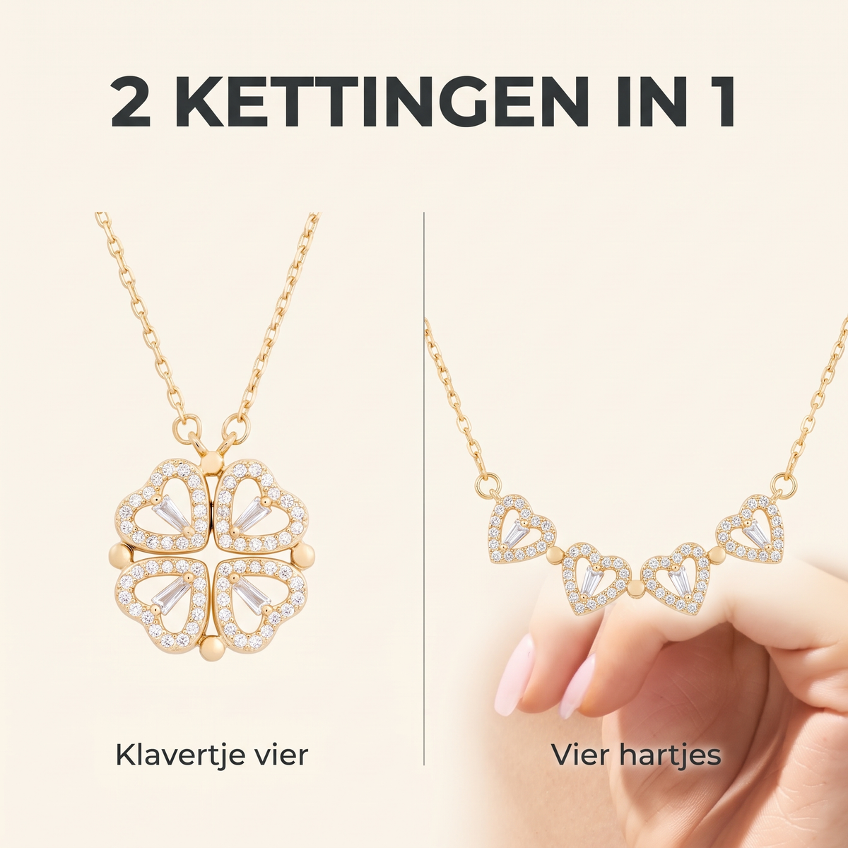 2 kettingen in 1: klavertje vier of vier hartjes
