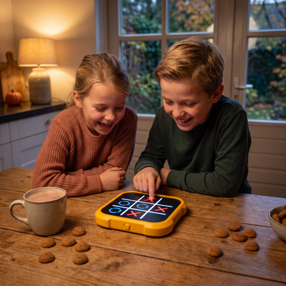 Kinderen spelen boter-kaas-en-eieren aan tafel